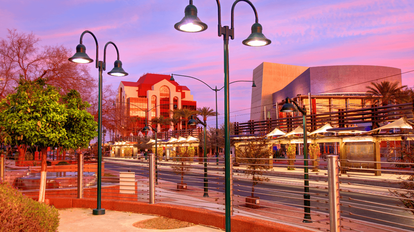 City view of Mesa at sunset